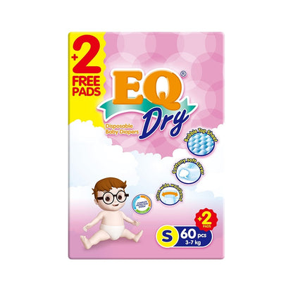 EQ Dry Disposable Baby Diapers [ JUMBO PACK 60 PCS Refastenable Tape ] - Small