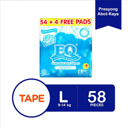 EQ Colors Disposable Baby Diapers [ JUMBO PACK 58 PCS Refastenable Tape ] - LARGE