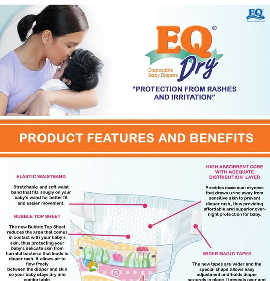 EQ Dry Disposable Baby Diapers [ MEGA PACK 60 PCS Refastenable Tape ] - XLARGE