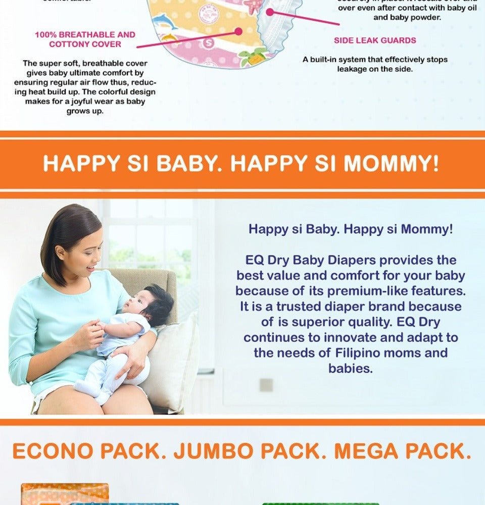 EQ Dry Disposable Baby Diapers [ MEGA PACK 60 PCS Refastenable Tape ] - XLARGE