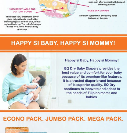 EQ Dry Disposable Baby Diapers [ MEGA PACK 60 PCS Refastenable Tape ] - XLARGE