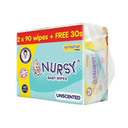 Nursy Baby Wipes Unscented 90s x 2 + 1 Free 30 wipes [ BUNDLE OF 2 or 8 ]