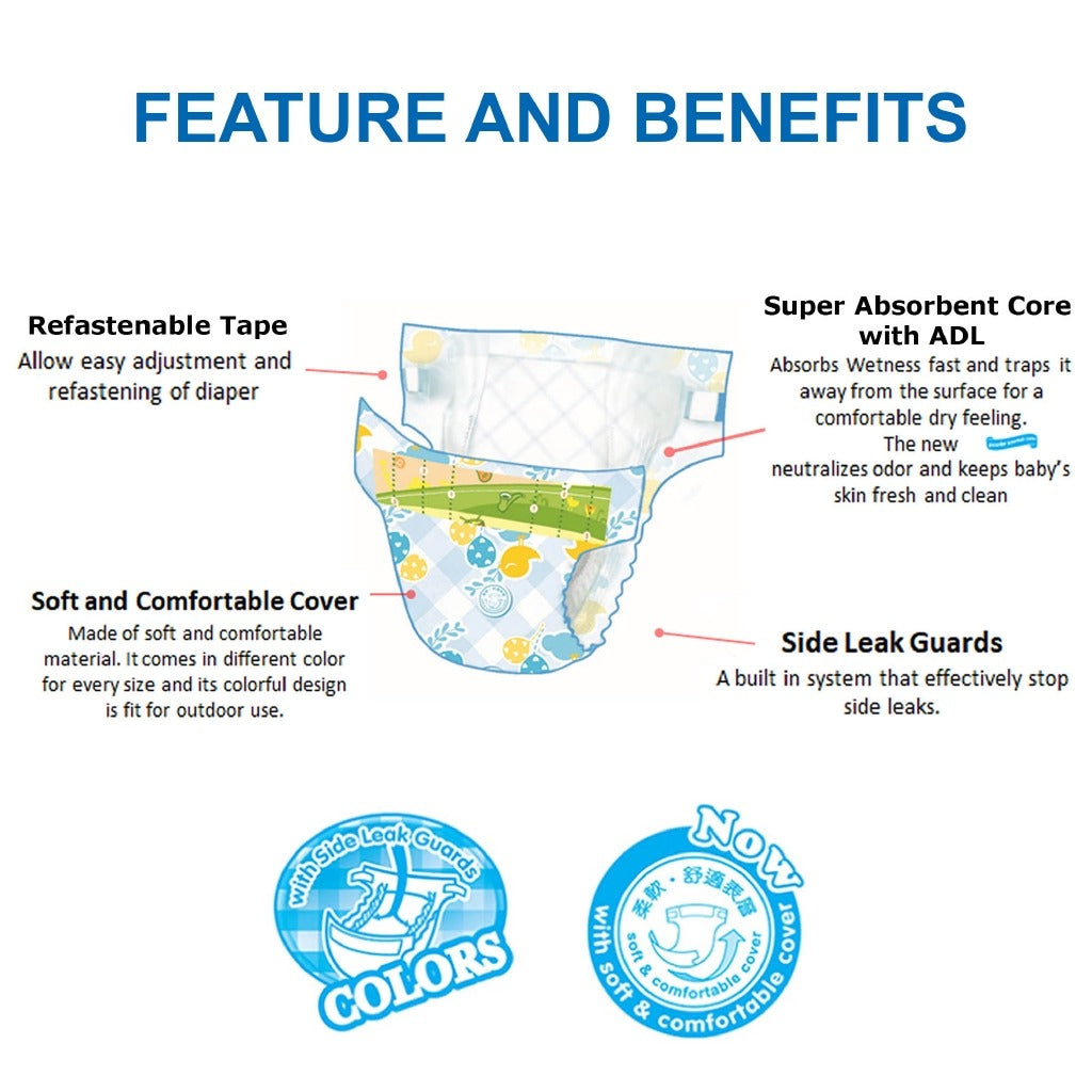 EQ Colors Disposable Baby Diapers [ JUMBO PACK 64 PCS Refastenable Tape]  - MEDIUM