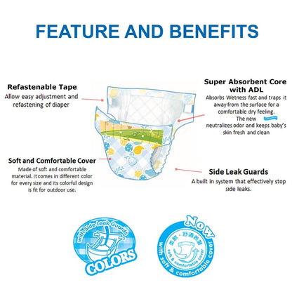 EQ Colors Disposable Baby Diapers [ JUMBO PACK 64 PCS Refastenable Tape]  - MEDIUM