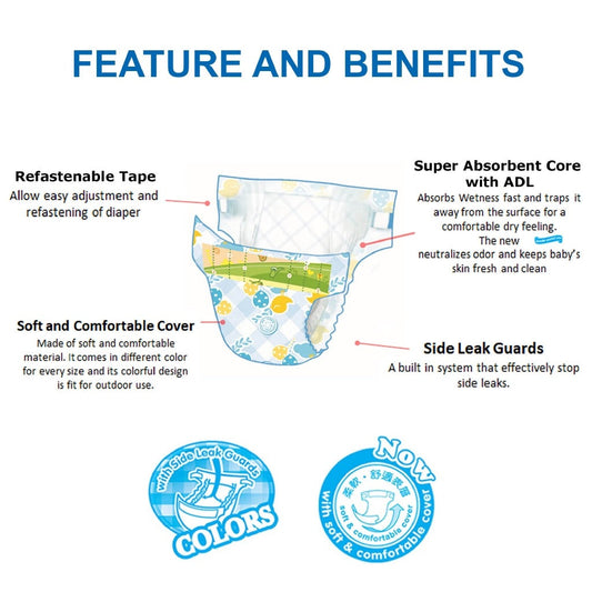 EQ Colors Disposable Baby Diapers [ JUMBO PACK 64 PCS Refastenable Tape]  - MEDIUM
