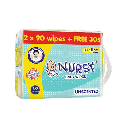 Nursy Baby Wipes Unscented 90s x 2 + 1 Free 30 wipes [ BUNDLE OF 2 or 8 ]