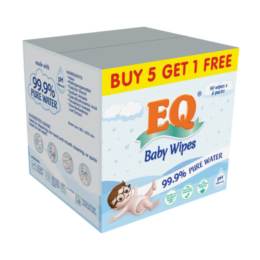 EQ BABY WIPES 99.9% PURE WATER 90 wipes [ BUNDLE OF 6 ]